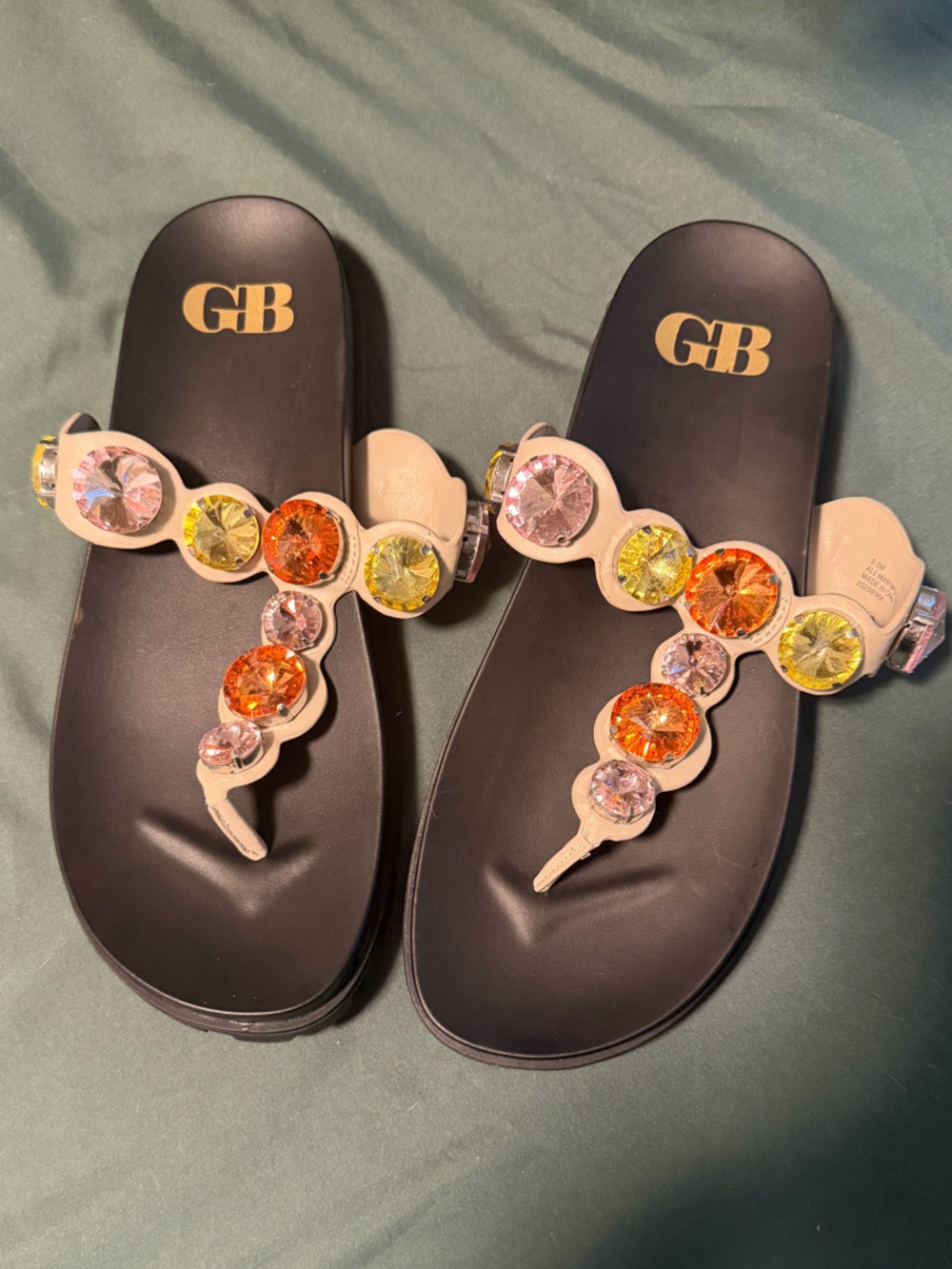 Gianni Bini Black Footbed Sandals with Beige Straps and Multicolor Gem Accents
